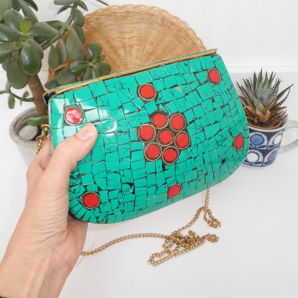 Antik Kraft Boho Amoli Brass & Mosaic Crossbody Clutch Turquoise Anthropologie - Picture 5 of 14
